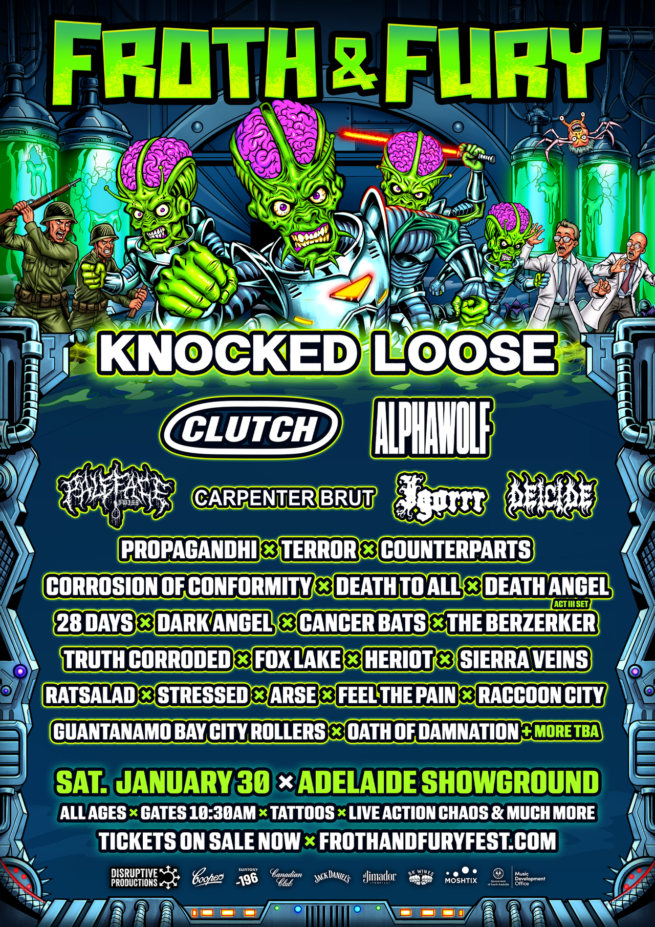 Lineup poster for Froth & Fury fest featuring Knocked Loose, Clutch, and Alpha Wolf at Adelaide Showground on January 30.